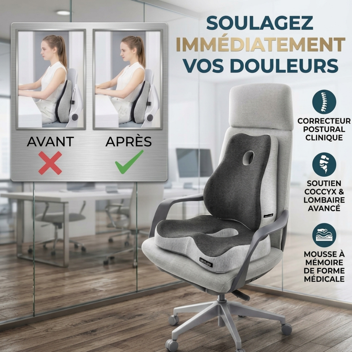 Coussin Orthopédique Bureau – Assise & Dossier Lombaire