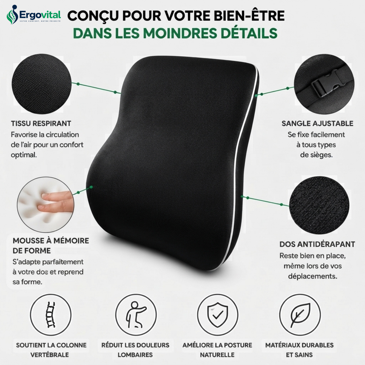 Coussin Lombaire – Améliore la Posture et Soulage le Mal  Mémoire de Forme