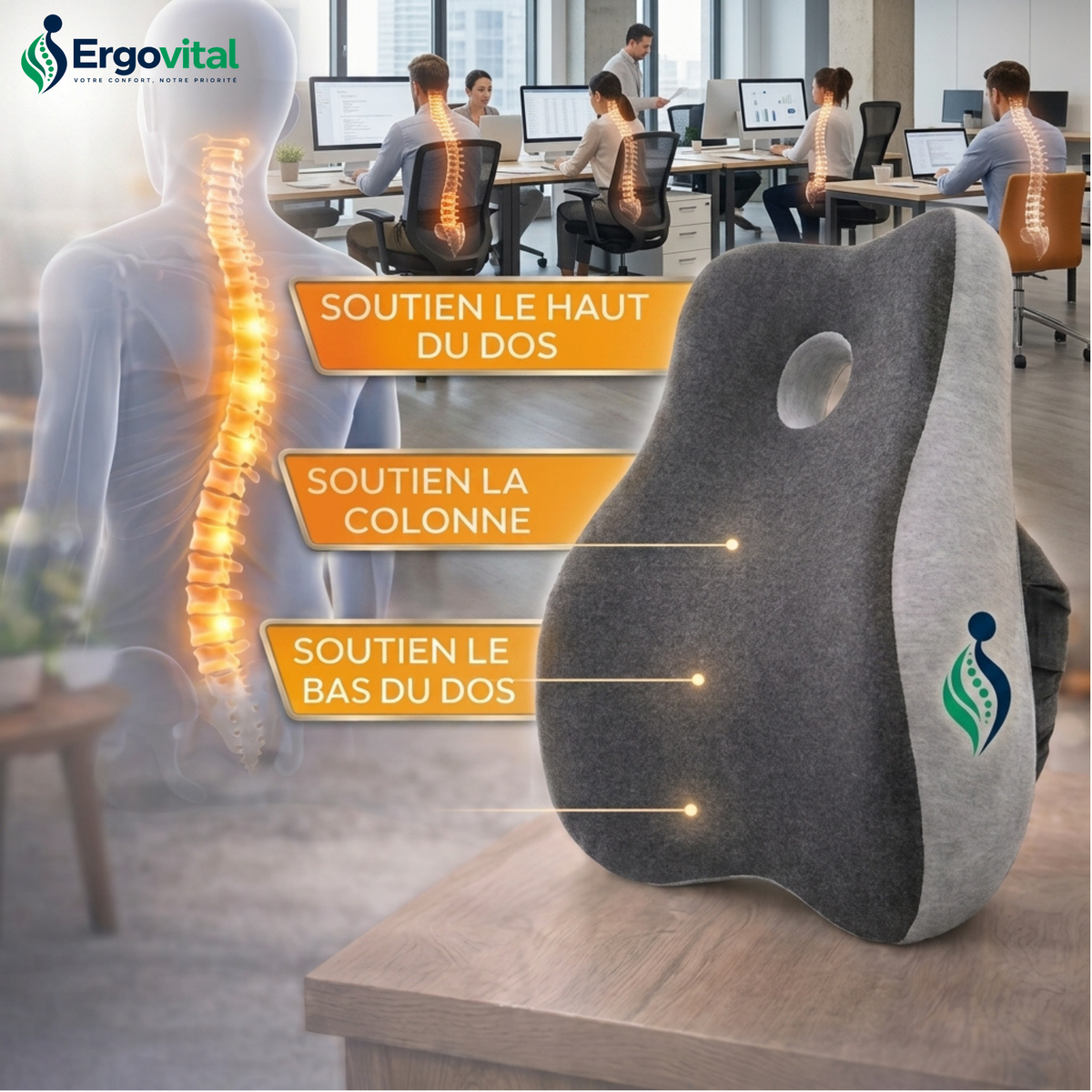 Coussin Orthopédique Bureau – Assise & Dossier Lombaire